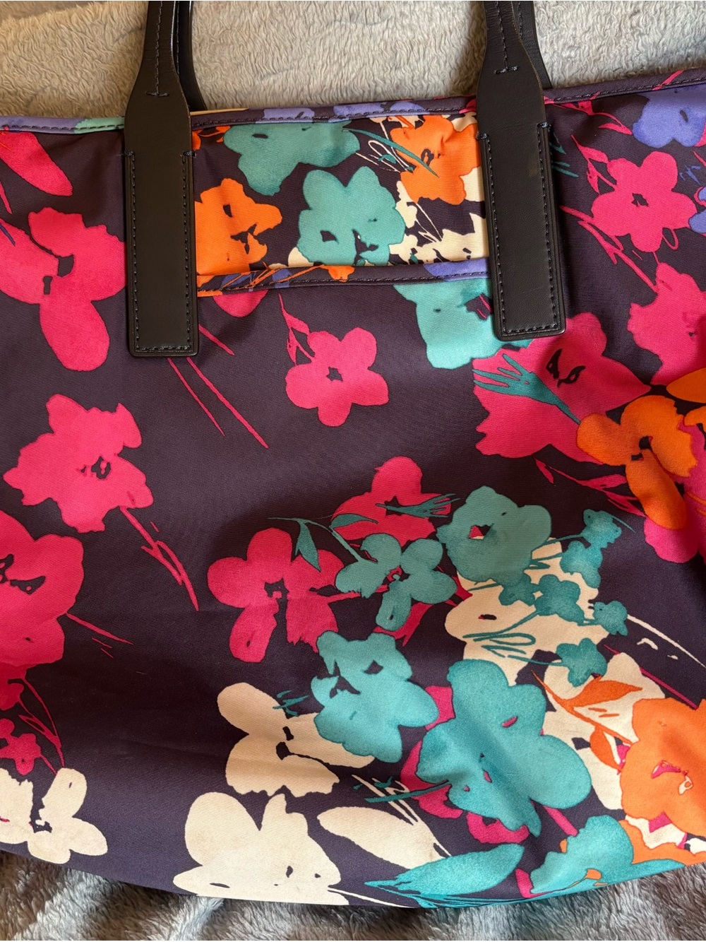 TUMI Nylon Floral Print Women's Tote Bag. Zip Top Blue Leather Double Handles. - Picture 5 of 13